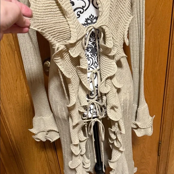 Boston Proper Tan Waterfall Ruffled Longline Cardigan with Ties Lightweight Med - Picture 11 of 11